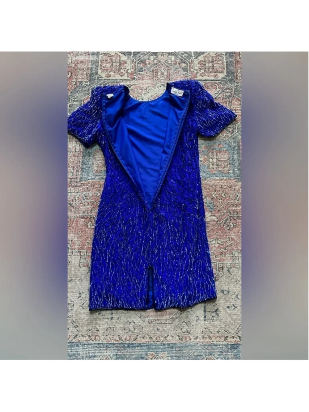 Lawrence Kogar Women's Blue Print Short Sleeve Silk Beaded Mini Dress - Picture 10 of 12